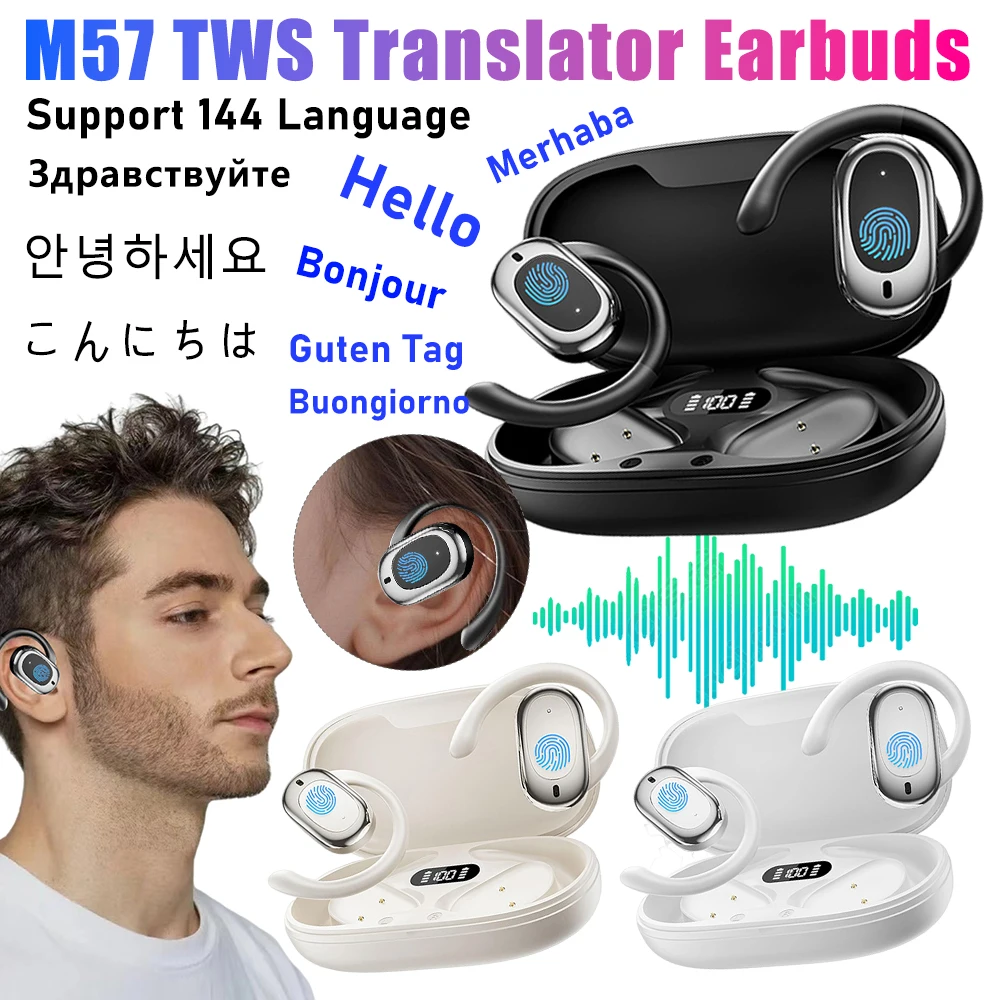 3 IN 1 TWS Language Translation Earphones Off-line Real-Time TWS Translator Earbud 144 Languages Wireless BT Ear Hook Translator