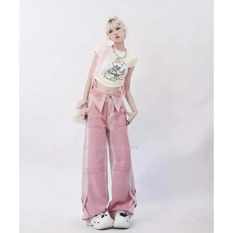 Streetwear Pink Dopamine Jeans Women Contrasting Color High Waist American Retro Wide Leg cargo Pants Hip Hop Straight Trousers
