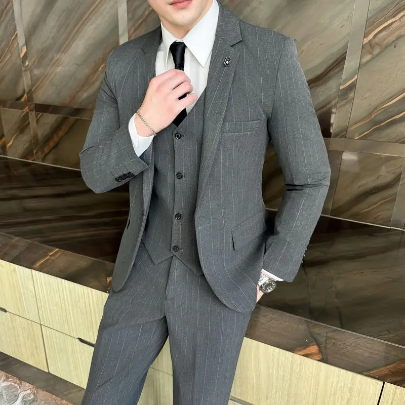 

Men's Suit high quality Casual Striped Professional Dress Suit suit Korean Slim-fit Groom Wedding Suit