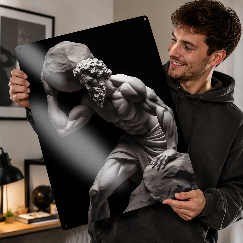 Sisyphus Pushing Boulder Aluminum Poster Sculptural Style Wall Art For Home Office Personalized Metal Sign Philosophy Lover Gift