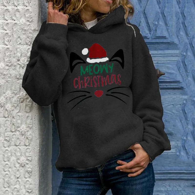 

Merry Christmas Winter Clothes Women Sweatshirt Cartoon Cat Hoodies Girlfriend Festival Gift Keep Warm Pullover Men Long Sleeve