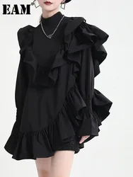 [EAM] Women Black Ruffles Irregular Blouse New Stand Collar Long Sleeve Loose Fit Shirt Fashion Tide Spring Autumn 2024 1Z19900