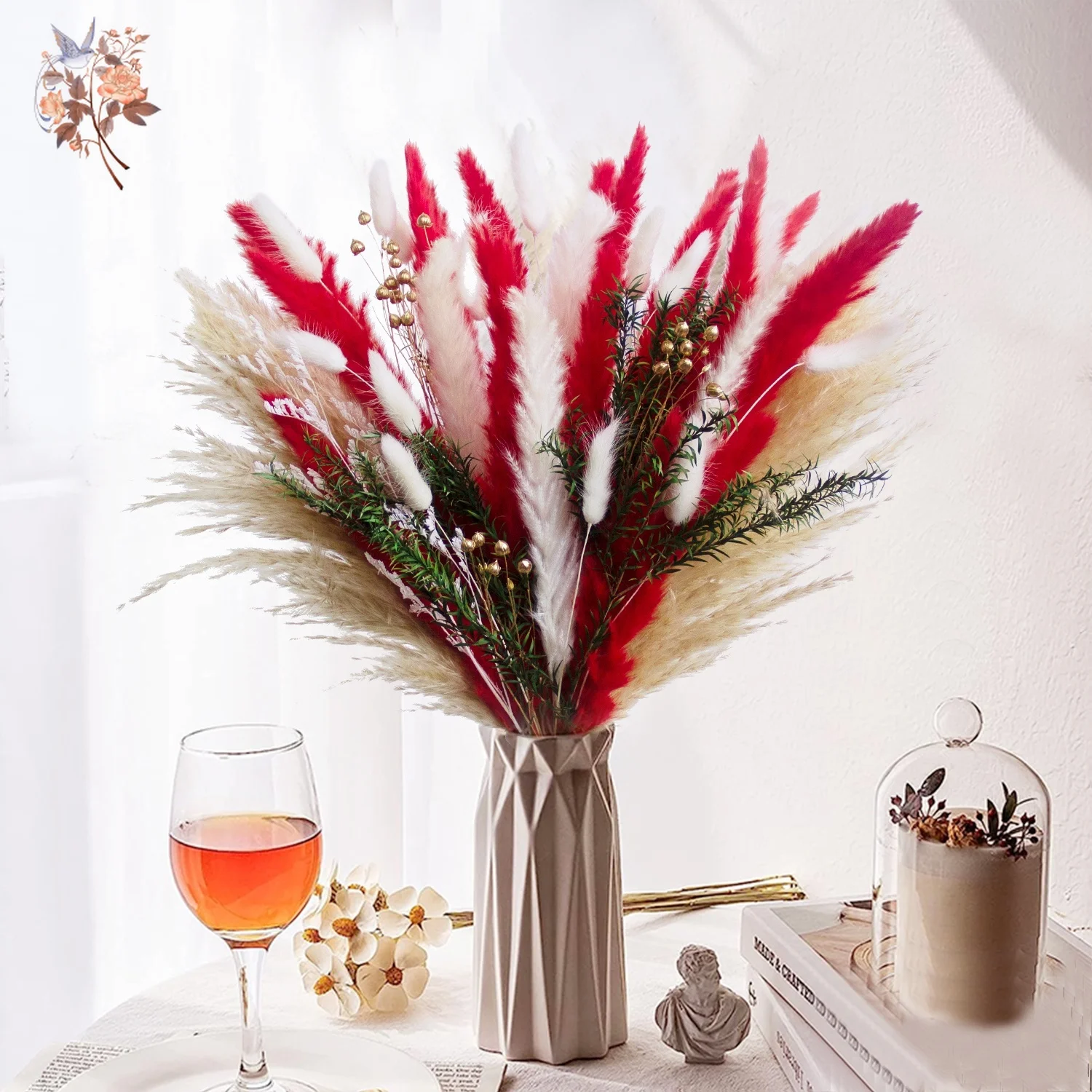 Ramo de flores secas Melaleuca Bracteata de hierba de Pampas roja blanca, decoración Floral decorativa para Navidad, Año Nuevo, decoración para festivales en casa