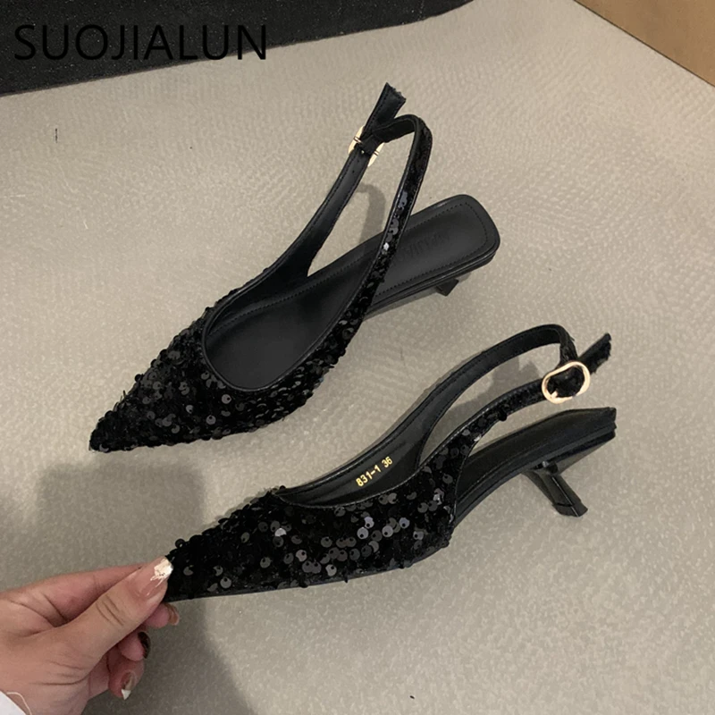 SUOJIALUN 2023 New Bling Women Sandal Fashion Pointed Toe Shallow Slip On Ladies Elegant Slingback Shoes Med Heel Pumps Shoes