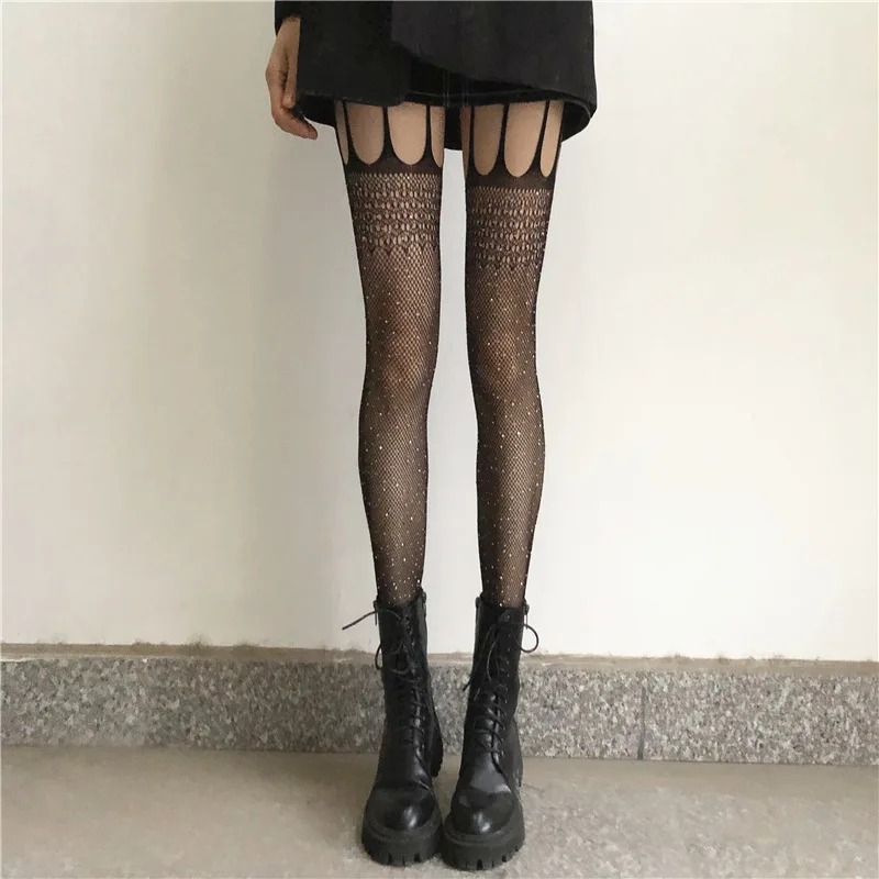 Internet Celebrity Women's Lace Sling Stockings with Fishnet Stockings Black Silk Stockings Thin Sexy Pantyhose Ins Fash