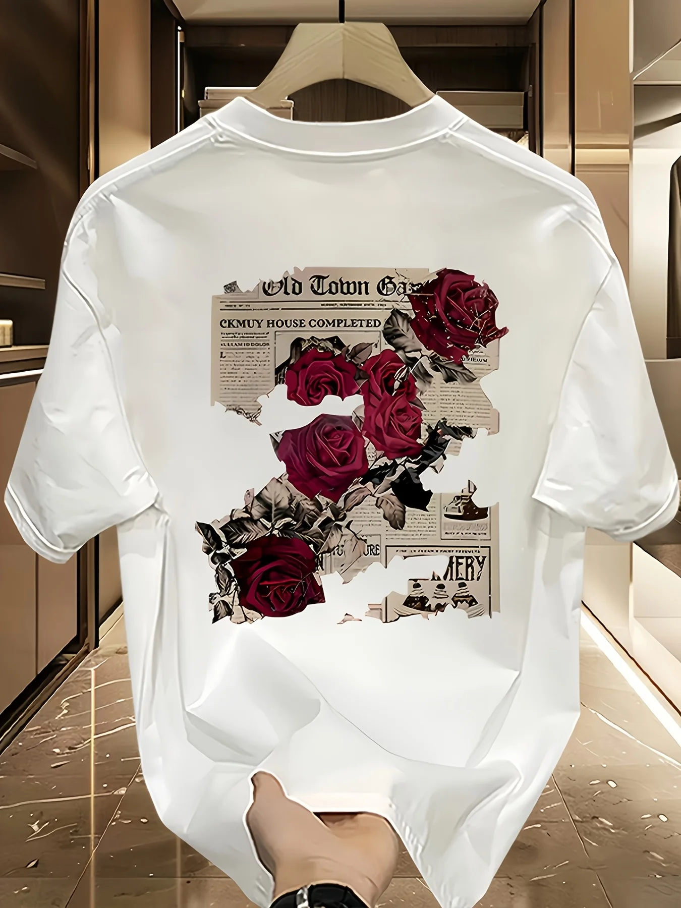 Vintage Newspaper Collage Tee with Deep Red Roses and Faded Paper Print 100% Cotton Men's T-shirt Summer Casual Aesthetic Outfit
