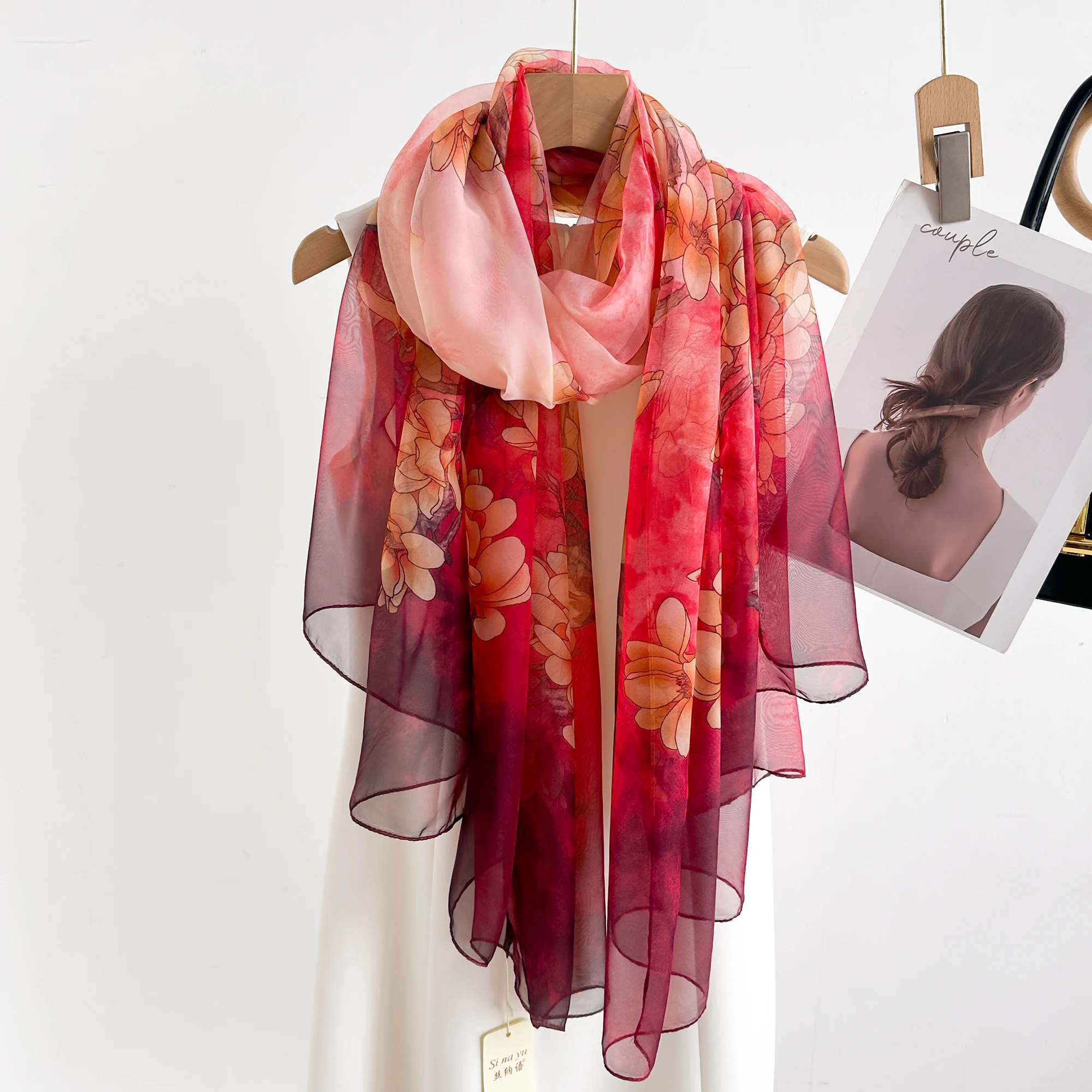 2025 Fashion Silk Scarf Women Foulard Thin Stoles Beach Travel Tippet Floral Long Veil Shawl Luxury Scarves Soft Premium Pareos