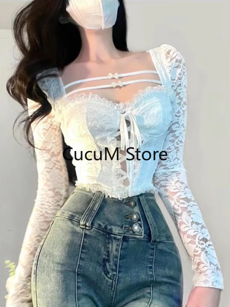 Sexy Crop Tops Slim Fit Lace Blouses for Women Temperament Shirts Bandage Fashion White Y2k Blouse White Cltohing 2023 Summer