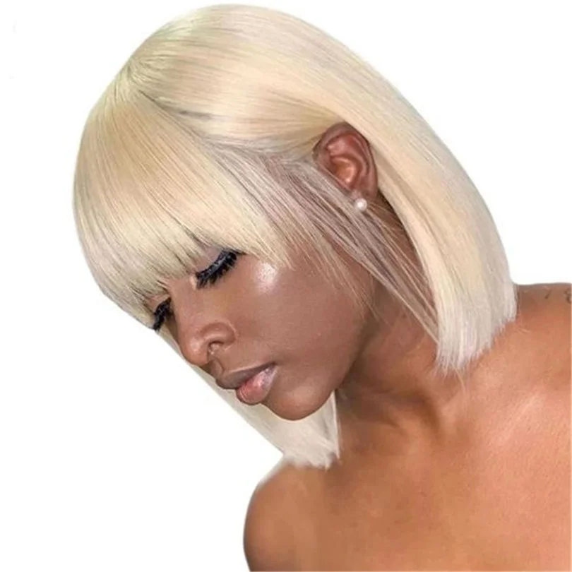 

613 Honey Blond Short Bob Wigs Straight With Bangs Full Machine Made Human Wigs Brazilian Hair For Women Aircabin 613 Color Wig