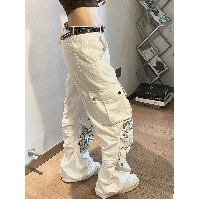 MEXZT Y2K 2000S Cargo Jeans Women Harajuku Vintage Print Wide Leg Denim Pants Streetwear Hip Hop White Baggy Straight Trousers