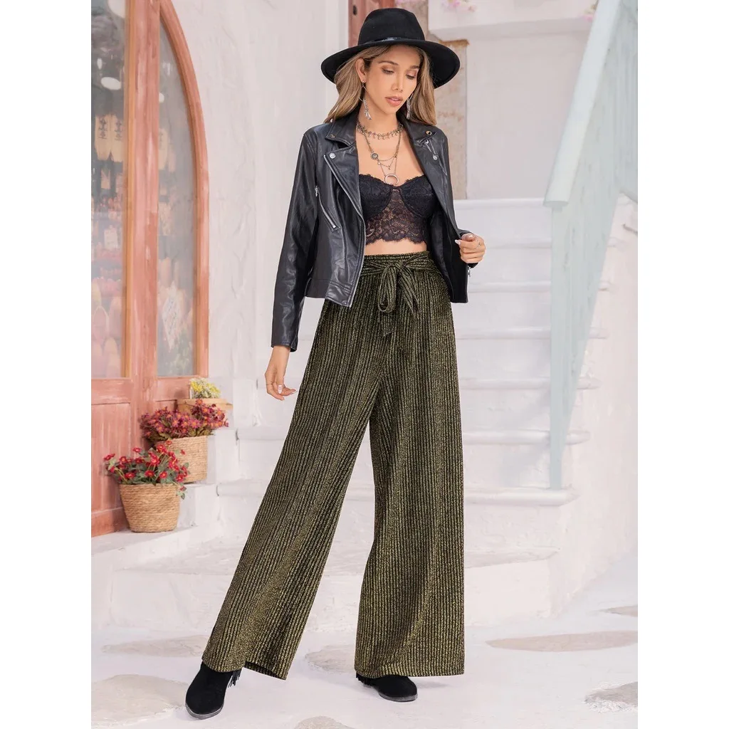 High Waist Slimming Pants Drape Textured Ribbed Trousers Casual Loose Fit Wide Leg Slacks Elegant Premium Comfy Culottes