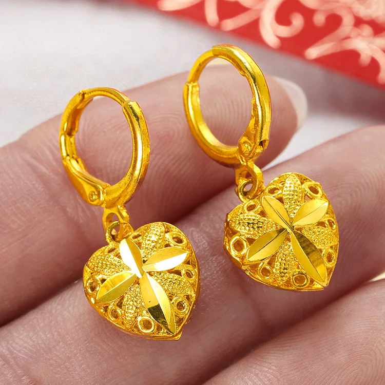 Luxury Genuine Gold Color Love Heart Shape Long Drop Earring for Women Bride Wedding Daily Wear Earring Jewelry Gifts