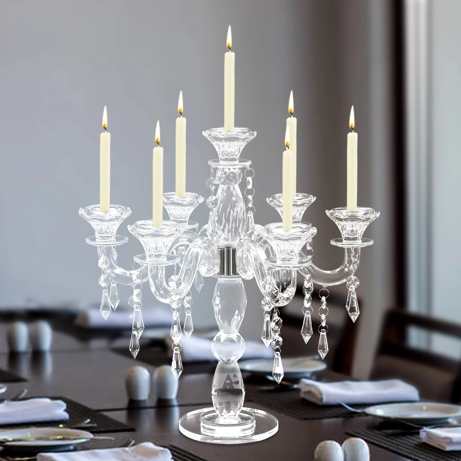 

7-Arm Crystal Candelabra, Tabletop Glass Candlestick, Gorgeous Clear Candle Holder, Home Centerpiece Decor