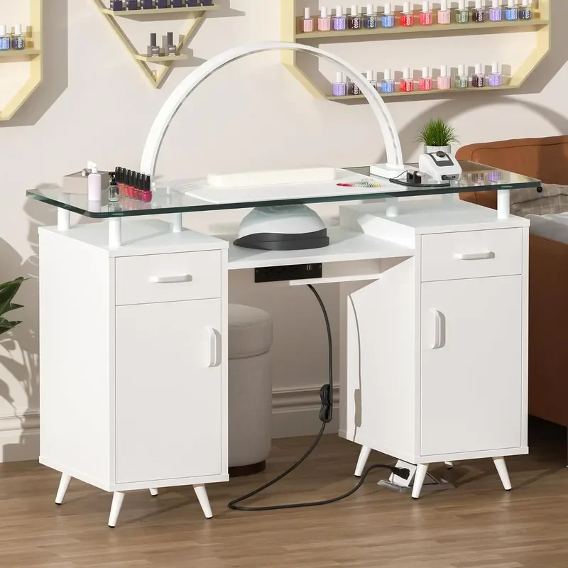 Manicure Table with Power Outlet White Nail Desk for Nail Tech Glass Top Salon Station with 2 Drawers and Cabinets