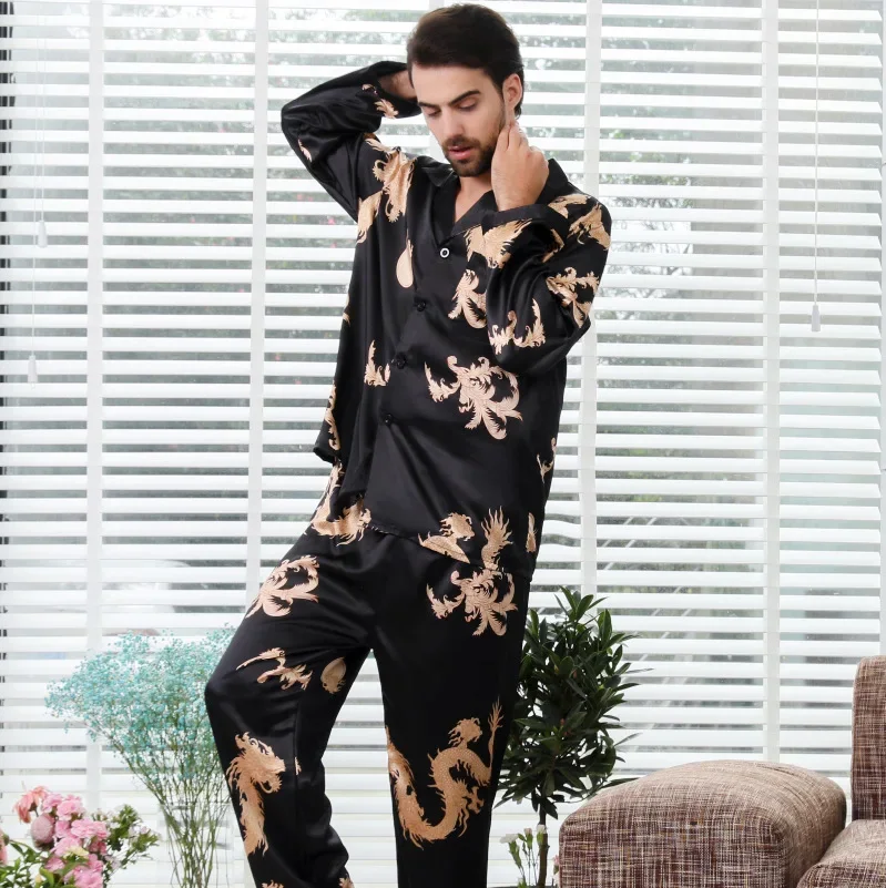 Men's Simulation Silk Couple Pajamas Long-sleeved Long Pants Suit Men Women V-neck Silk Printing Dragon and Phoenix Home Wear
