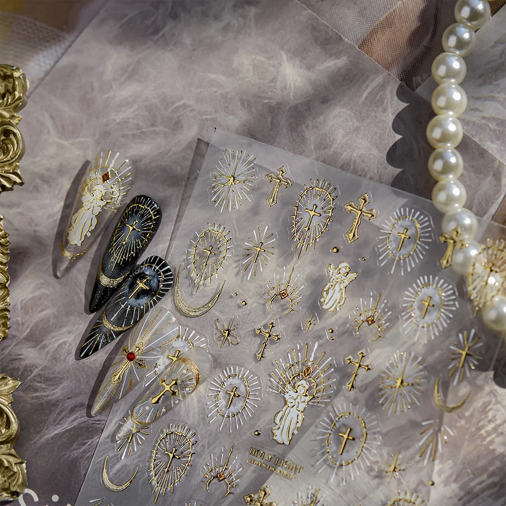 5D الإلهي الذهب الأبيض الصليب ملصقات الأظافر الإبداعية الفرنسية ملصقات الأظافر الصليب مانيكير الشارات الضوء المقدس عبر مسمار الفن لوازم