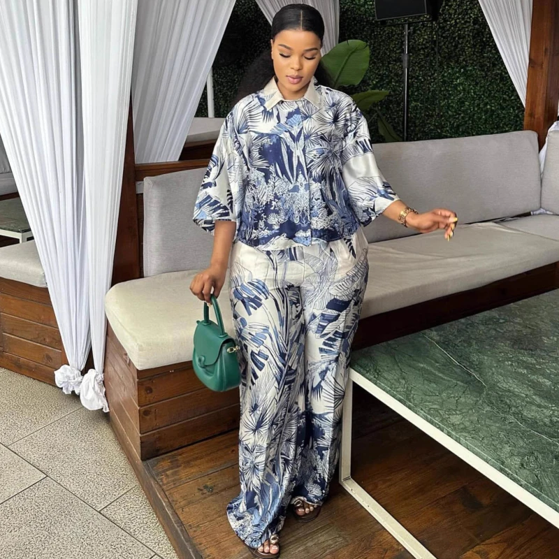 

Новый африканский модный повседневный женский комплект из двух предметов с принтом, укороченный топ с отложным воротником и короткими рукавами и широкие брюки