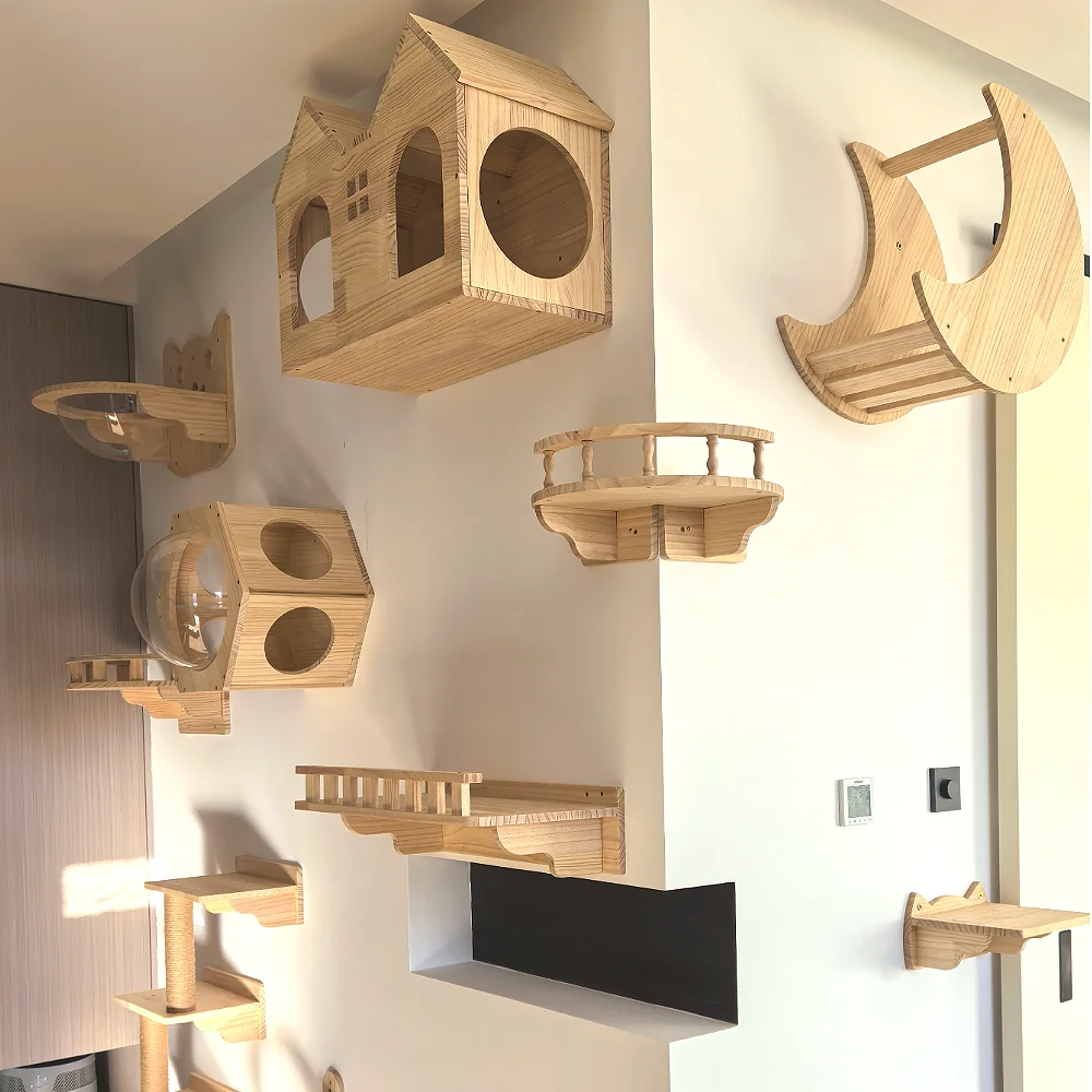 

Solid Wood Cat Tree Tower Wall-Mounted Cat Shelves Scratcher Hammock Hiding House Cats Walk and Gym for Kitten Sleep and Play