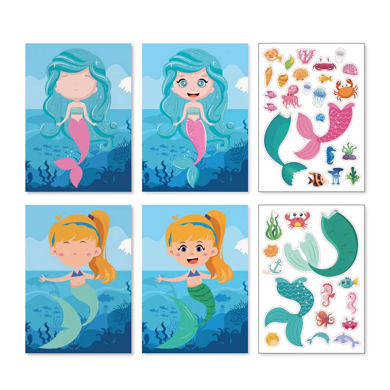 Kids Creative Make A Face Stickers DIY Make Your Own Mermaid Sticker Party Favors Children Girls Puzzle Toys Birthday Gifts