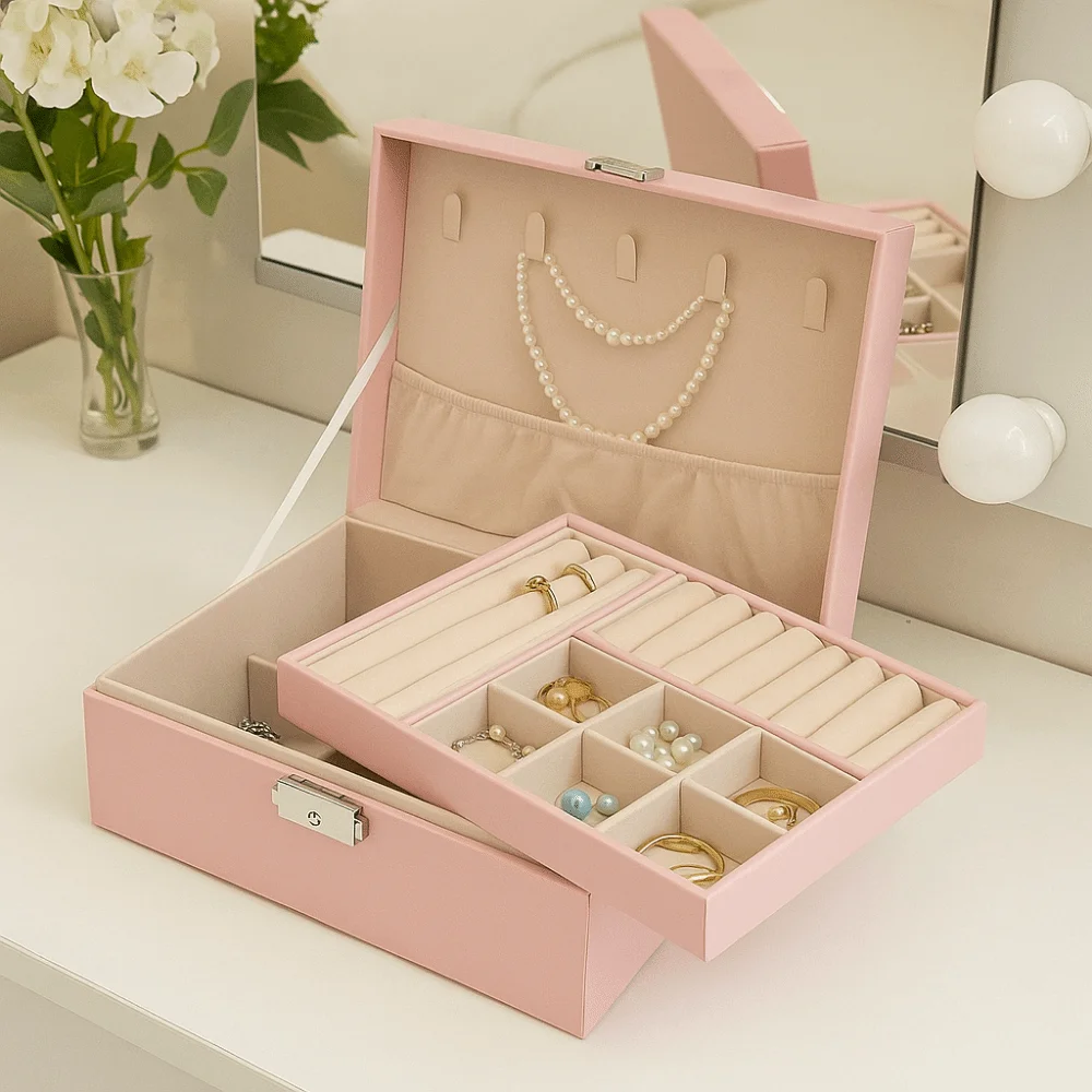 

2 Layer Double-layer Jewelry Box with Lock Elegant Leather Jewelry Organizer Dustproof Large Capacity Jewelry Display Case
