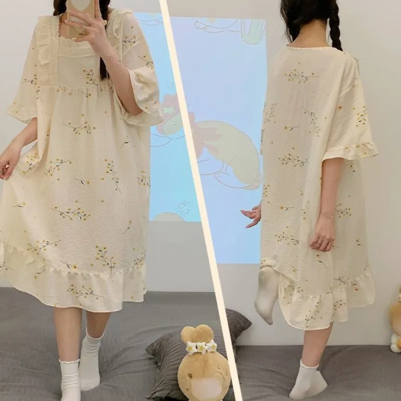 2024 New Fashion Girls Princess Style Nightgowns Female Summer Sweet Short-sleeved Pajamas Casual Loose Home Clothes Sleepshirts