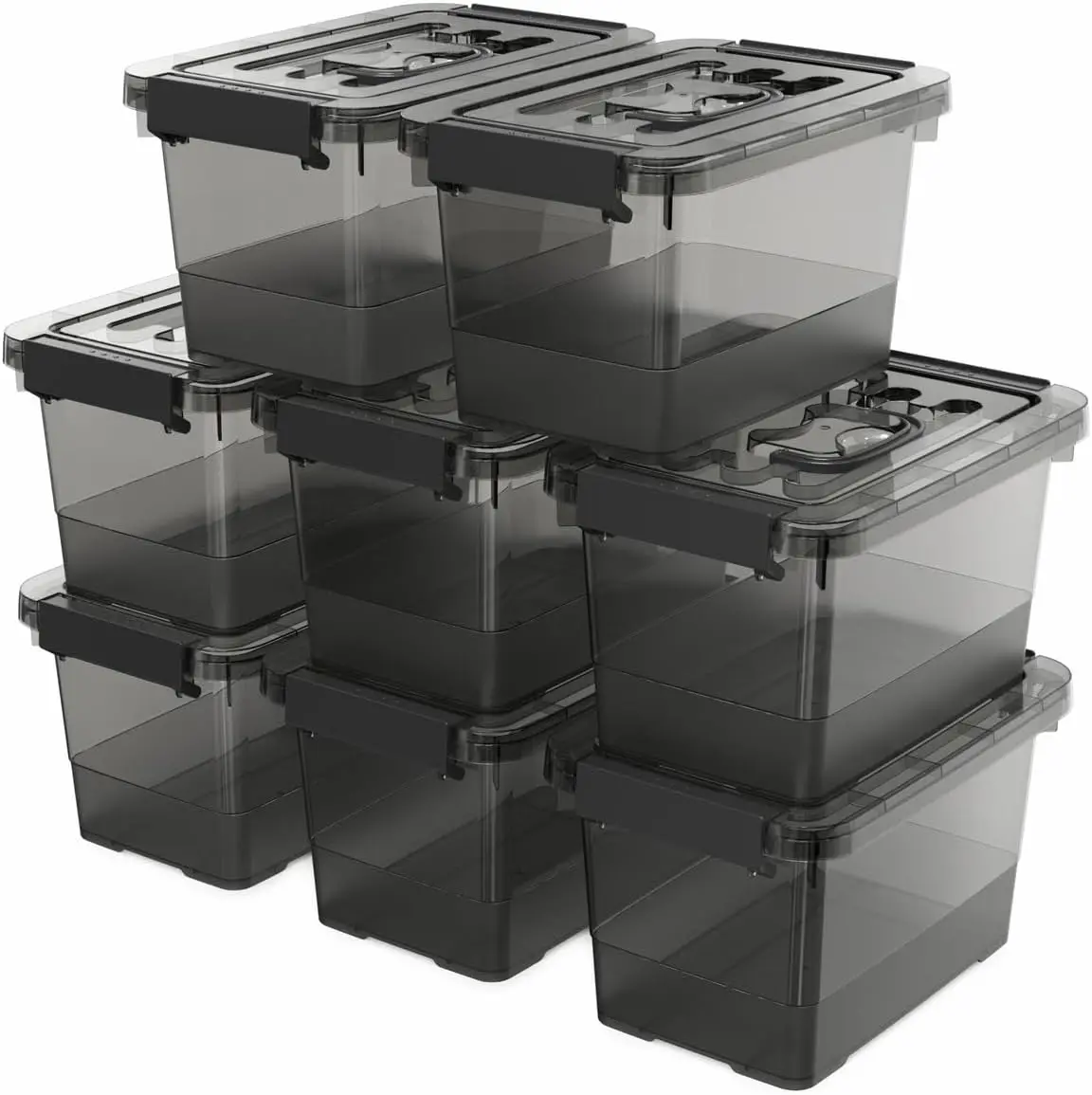 

Black Plastic Storage Latch Bins, 8 Pack Clear Plastic Handle Box with Lids and Handle, Multi-Purpose, 4 Quart
