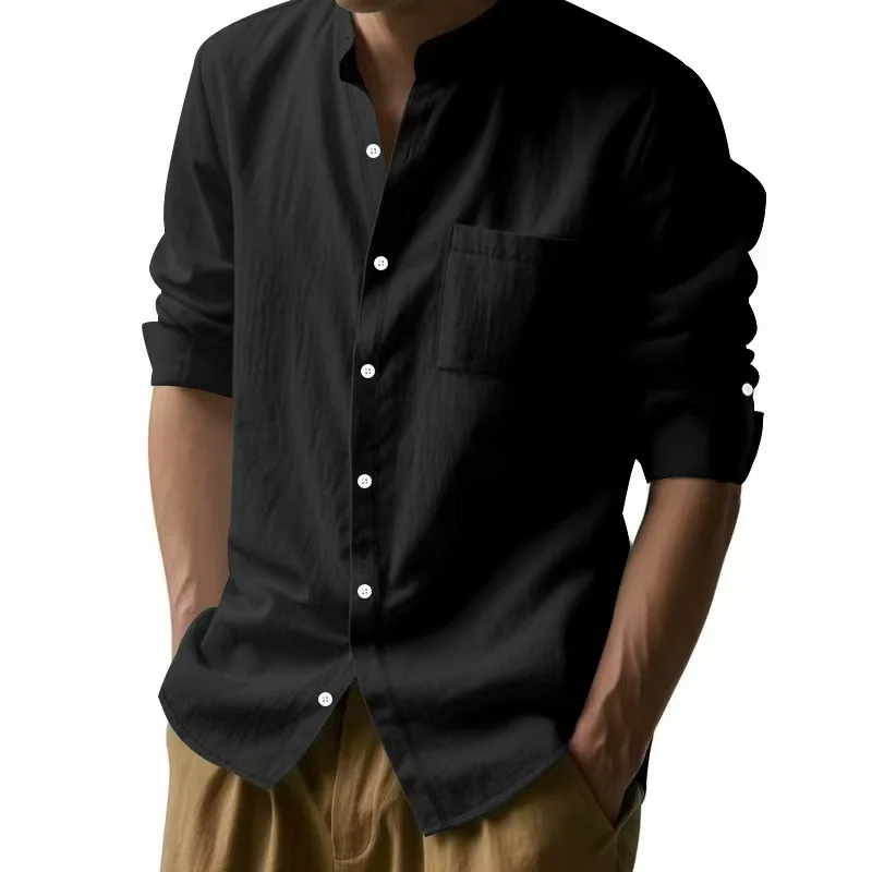 Streetwear Men Lightweight Shirts Long Sleeve Henley Cotton Linen Shirts for Male Beach Hawaiian Shirts Breathable Collar Tshirt
