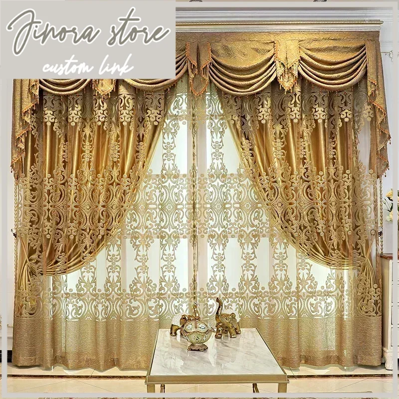 European Embroidery Luxury Gold Curtains For Living Room Bedroom Window High Quality Screen Tulle Valance Curtains Customize
