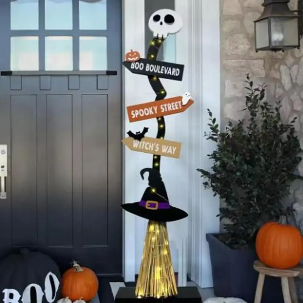 

Spooky Design Wooden Witch Broom with Base Without Light Halloween Broomstick Ornament Ghost Sign
