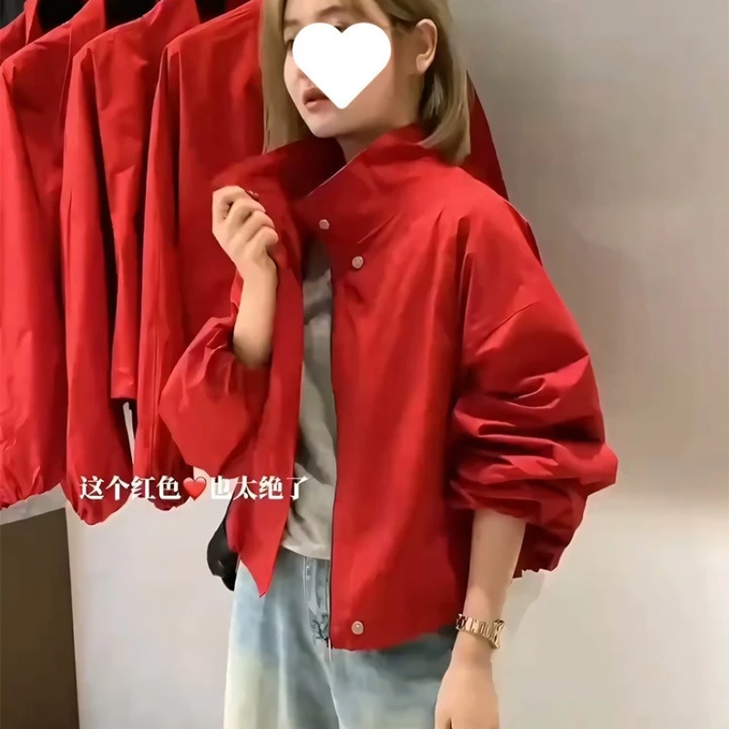 

Chic Red Long Sleeve Women Bomber Jacket 2025 Autumn New Turn Down Collar Zipper Coat Y2K Lady Single Breasted Outerwear Street
