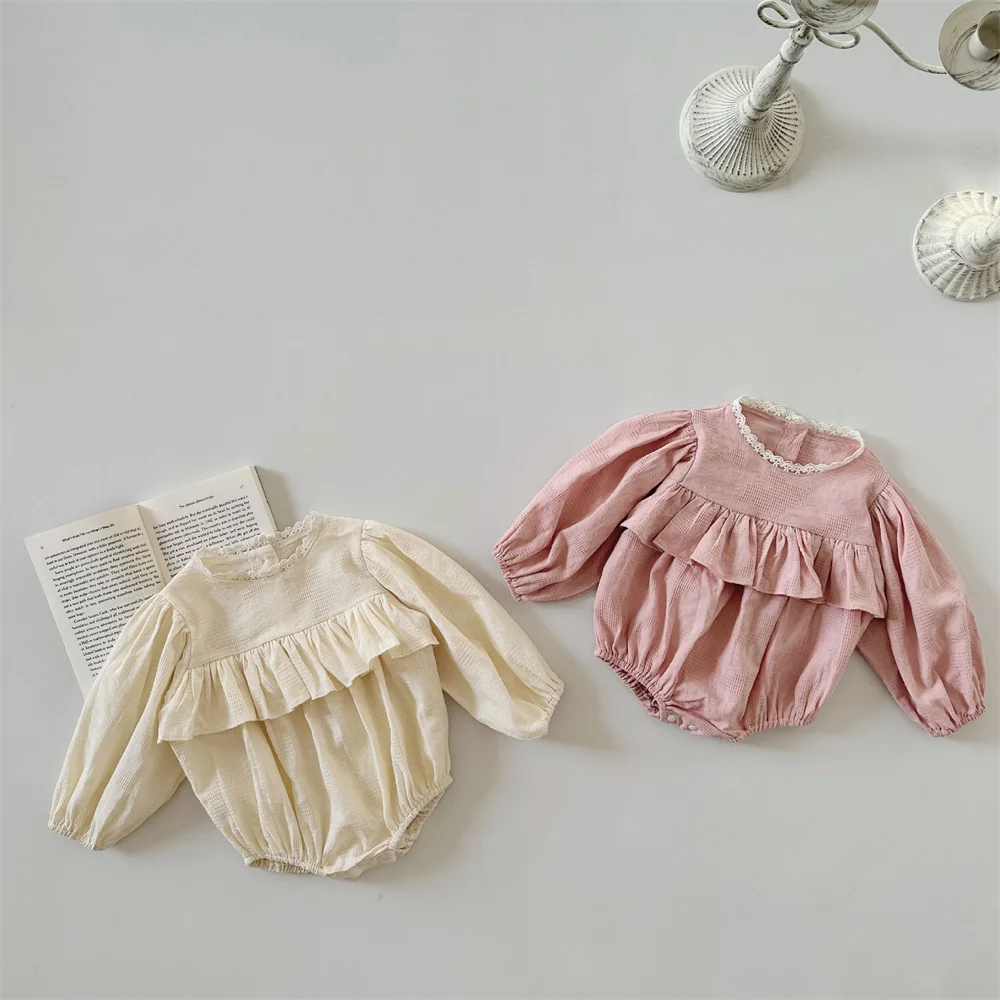 Sweet Pink/beige Lace Romper for Newborn Baby Jumpsuit Cotton Breathable Toddler Jumpsuit Baby Outfits 0-24M