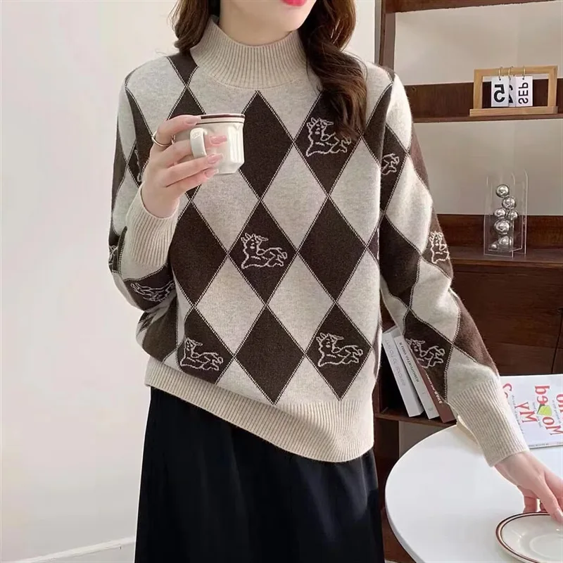 

Arygle Plaid Cartoon Knit Pullover Sweater Women Fall Winter Autumn Knitted Top long sleeve fashion casual korean clothing y2k