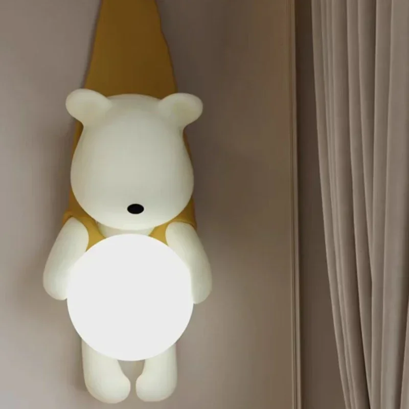 SANDYHA Nordic Resin Wall Lamp for Bedroom Bedside Lamp Cute Little Bear Design Children\'s Room Decoration LED Lighting Fixtures