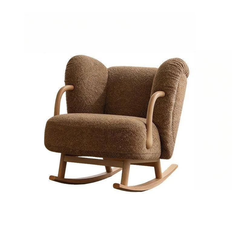 Cream wind single rocking chair, living room bedroom leisure, plush lazy chair, wooden armrests