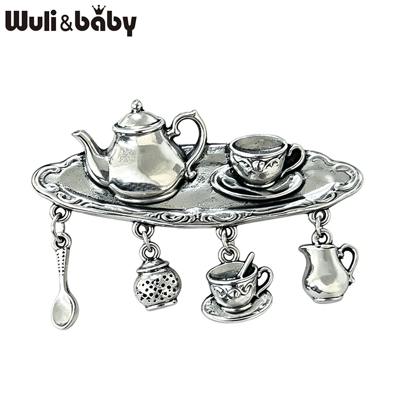 Wuli&baby Vintage Tea Set Tray Brooches For Women Men 2-color Metal Teapot Cup Spoon Dangle Charms Party Casual Brooch Pins Gift