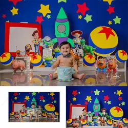 Photography Background Cartoon Blue Sky White Cloud Toy Story Boy 1st Birthday Cake Smash Portrait Decor Backdrop Photo Studio