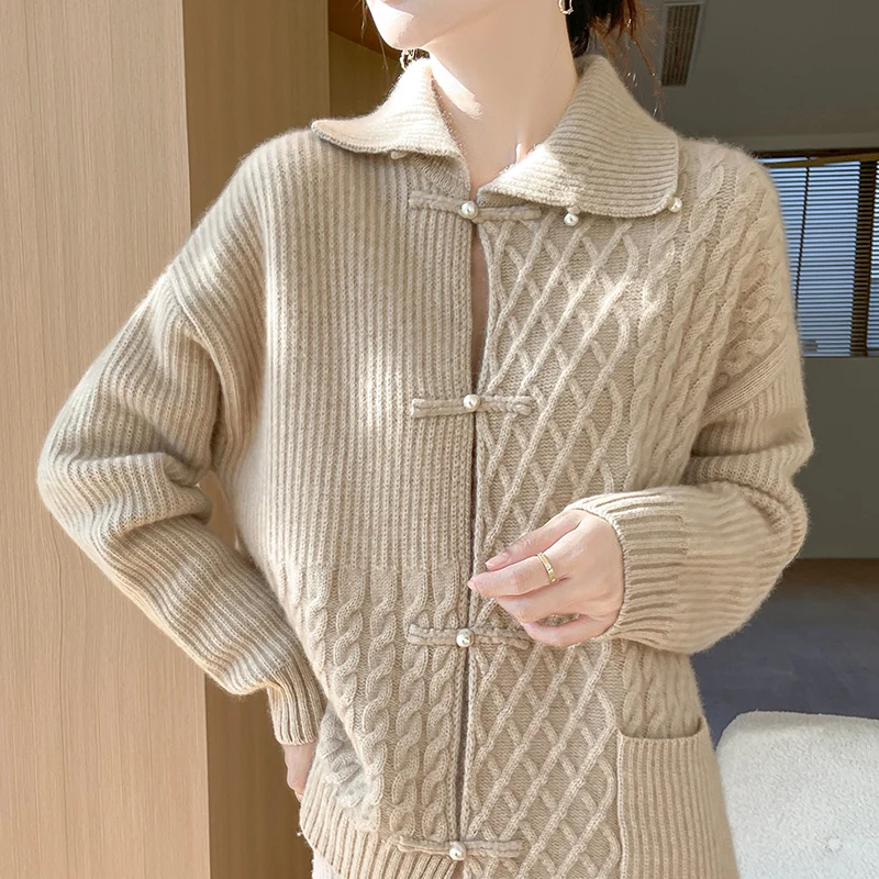 

Turn-Down Collar Autumn And Winter Wool Cardigan Women's Thick Irregular Knitted Sweater Top Loose Twisted Flower Sweater