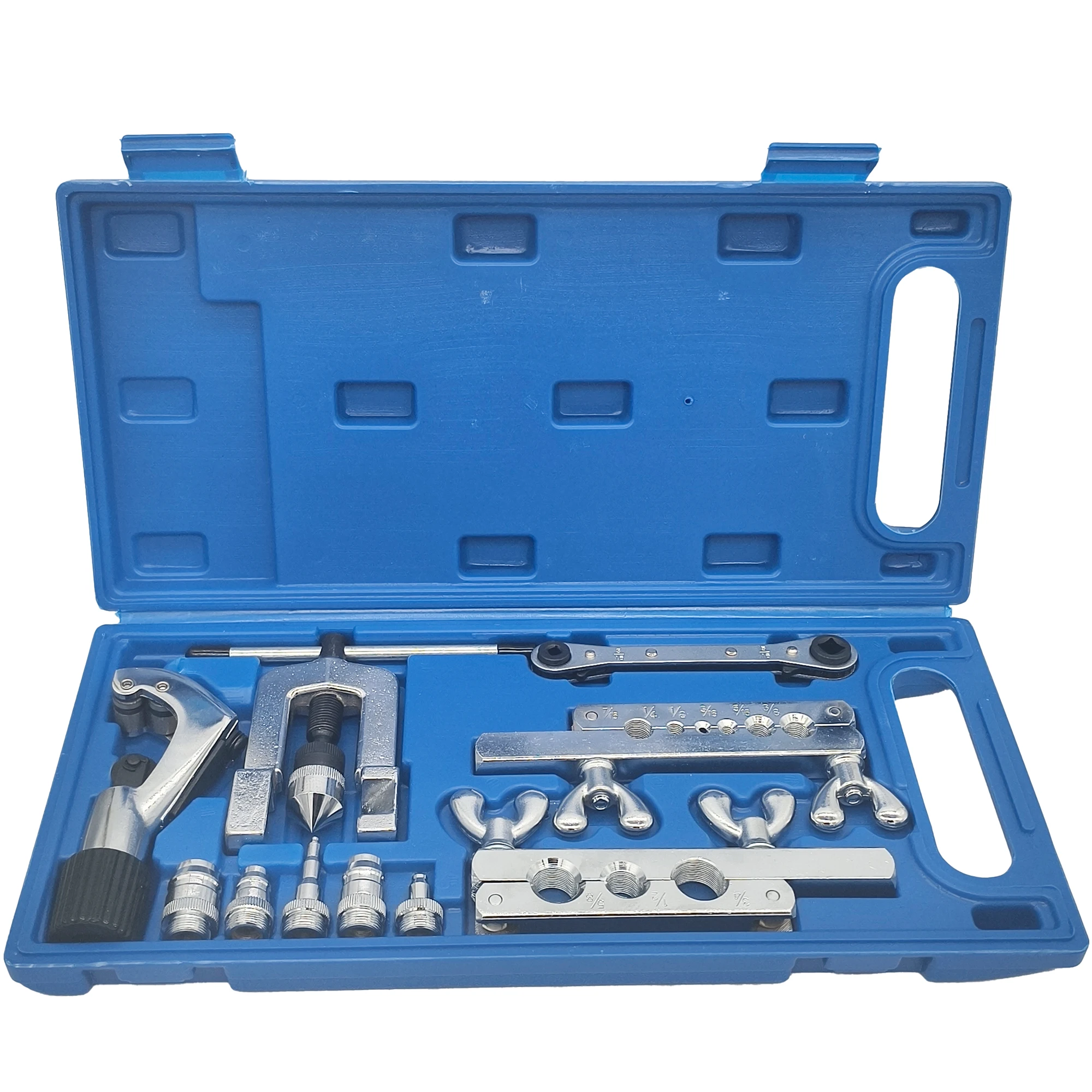

45° Single Flaring Tool Set with 2 Rod Ratchet Wrenches 5 Forged Adapters 7 Tube Size Break Lines and HVAC Forged Tool Set