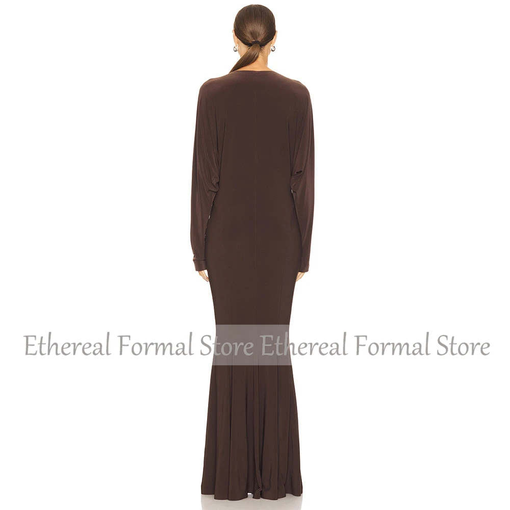 Brown Mermaid Evening Dress Long Batwing Sleeves V Neck Women's Prom Gown Floor Length Formal Party Dress  Long  Saudi Dress