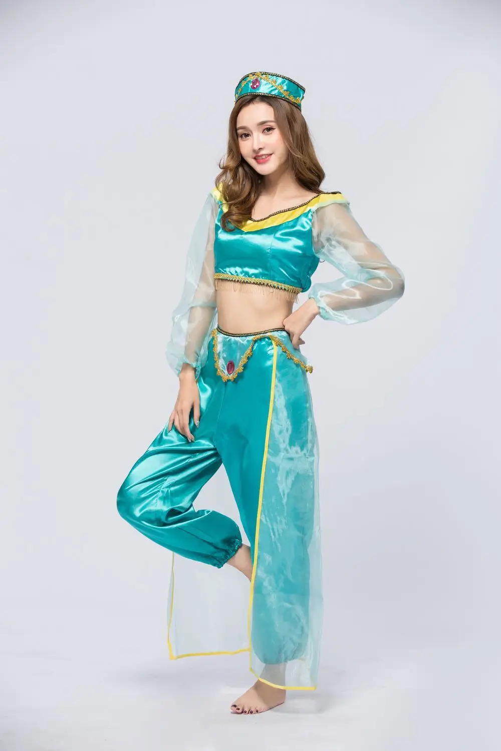 

Fulujiacos Aladdin Magic Lamp Princess Jasmine Cosplay Costume Women's Outfit Top Pants