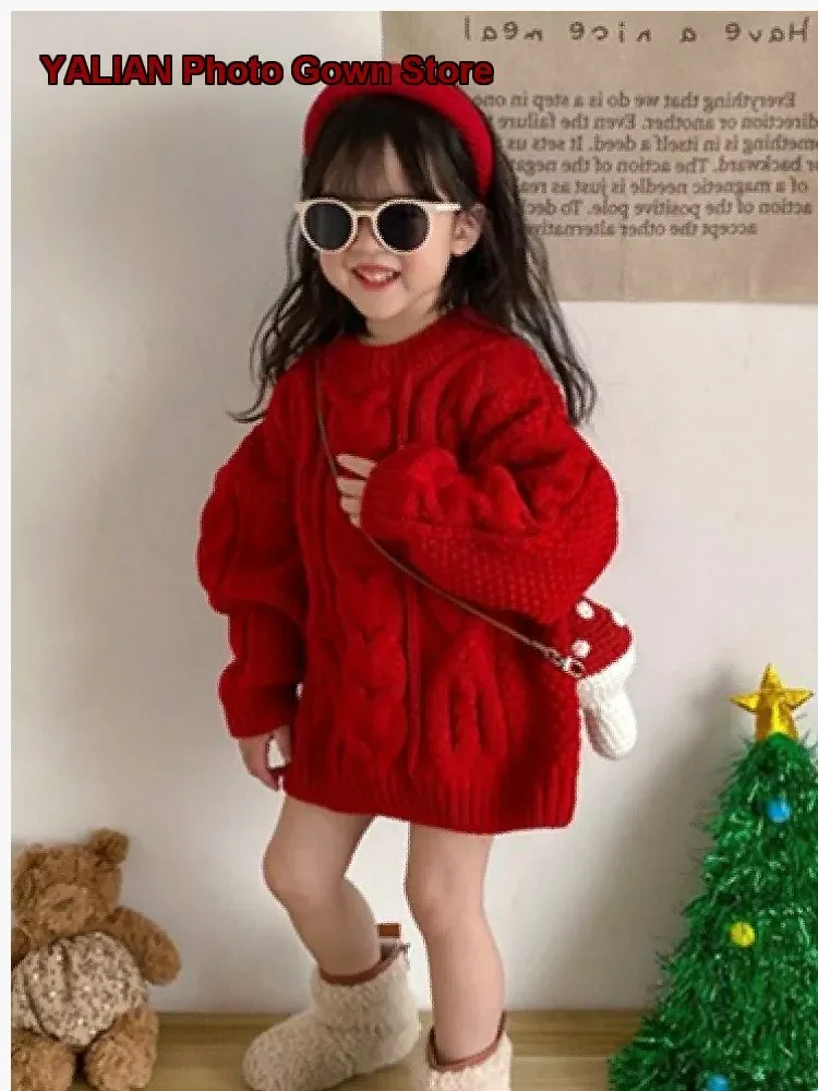 Girls Sweater Little Kids Autumn Winter Cable Knit Top Solid Color Thickened Warm Festive New Year