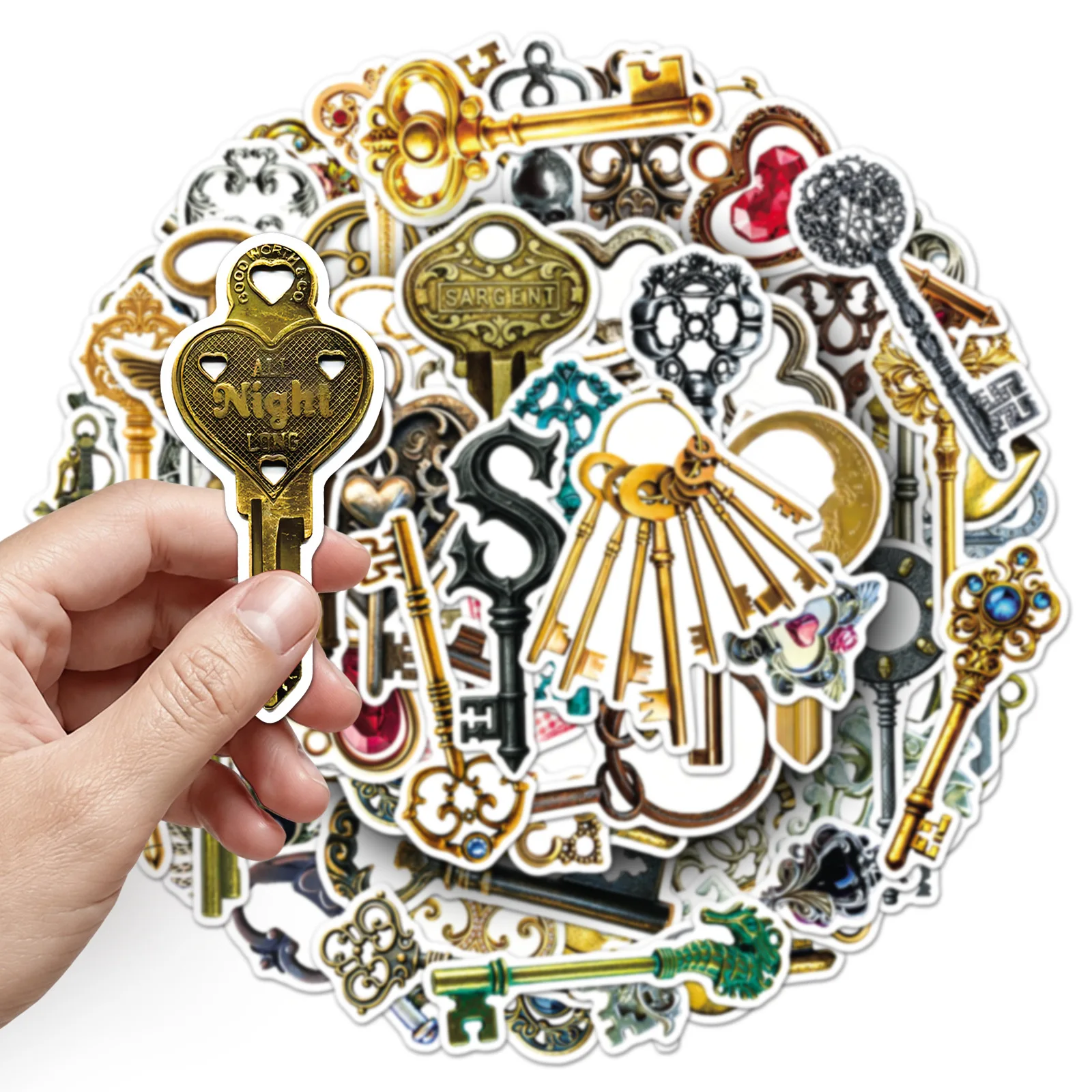 50 PCS Nostalgic Retro Key & Antique Realistic Classic Stickers Luggage Gift Box Phone Case Computer Waterproof Decorate Decals