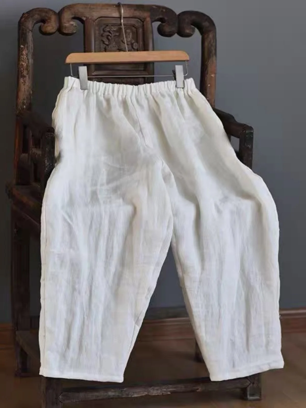 กางเกงฮาเร็มเอวยางยืดผ้าป่านสไตล์เรโทรสำหรับผู้หญิงไซส์ใหญ่ ทรงหลวม ปกปิดหุ่น สไตล์ลำลอง ผ้าลินิน กางเกงทรงแครอทเก้าส่วน สำหรับฤดูใบไม้ร่วง