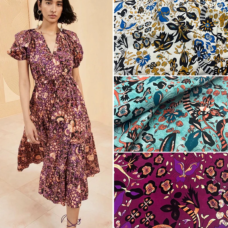 Poplin Cotton Printed Fabric Spring Summer Fashion Runway Women's Dress Polyester Satin for Sewing Material Cloth Diy Per Meter