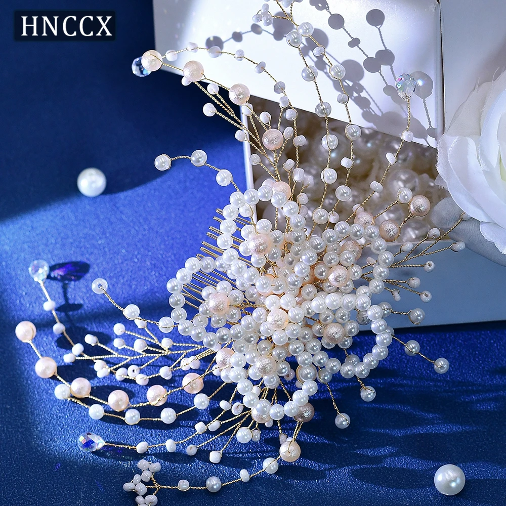 HNCCX Pink Pearl Gold Color Hair Combs Bridal Hair Accessoaries for Women Bride Pearl Crystal  Headpiece Bridesmaid Gift CP723