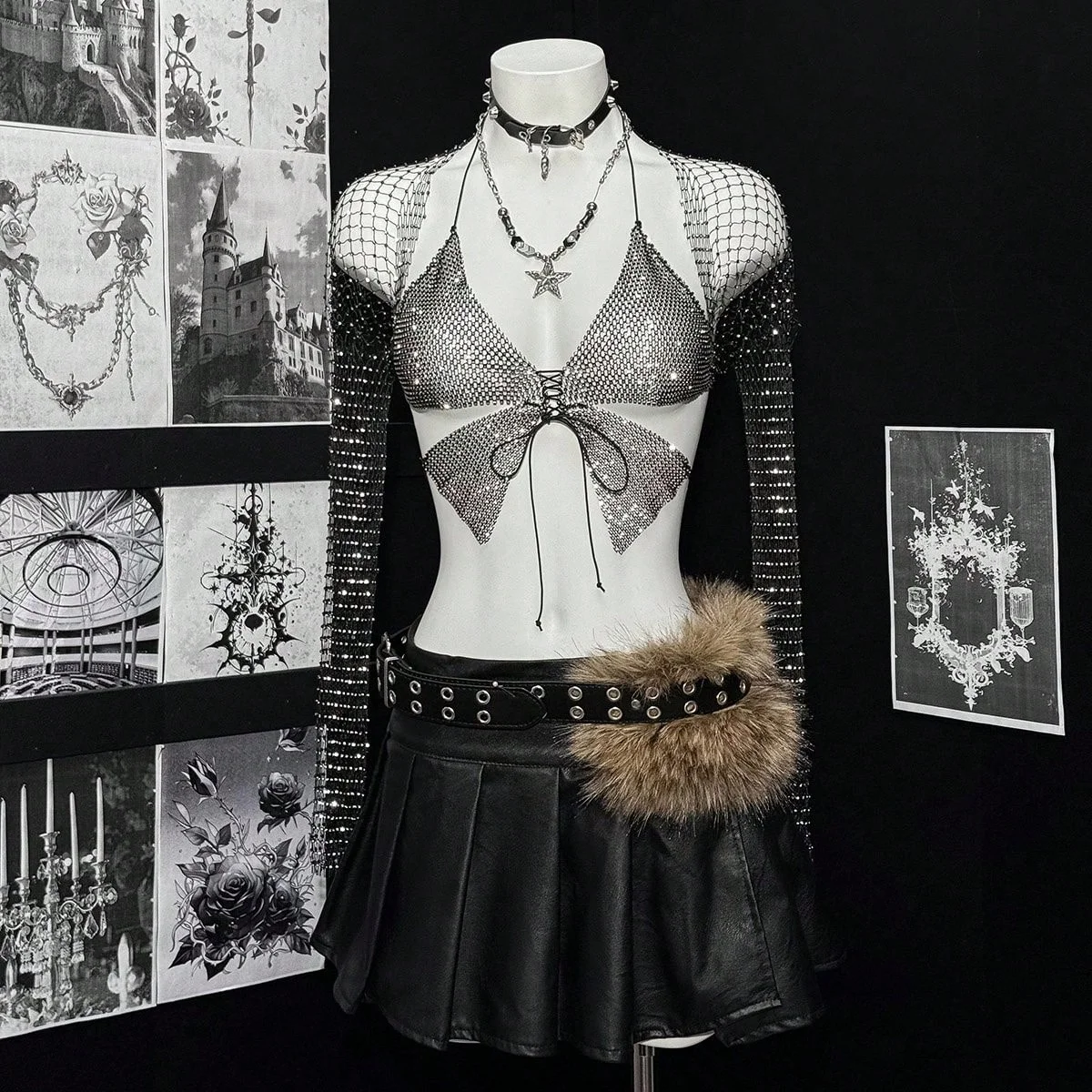 

New Shiny Rhinestone Butterfly Shape Crop Top With Long Sleeve Cover Up Sexy Hollow Sheer Mesh Backless Tank Top Beach Party Top