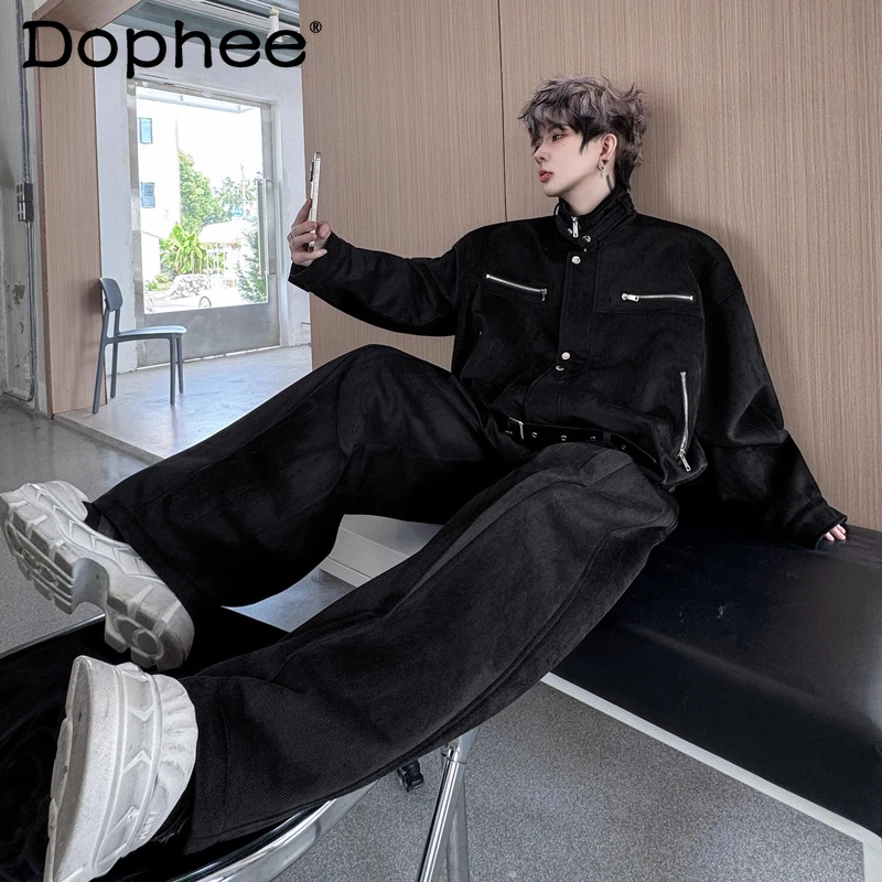 2025 الرجال شتاء جديد النمط الأمريكي شارع العليا الرجعية سستة الرجال السترات مجموعات الراقية وسيم سميكة واسعة الساق السراويل مجموعات