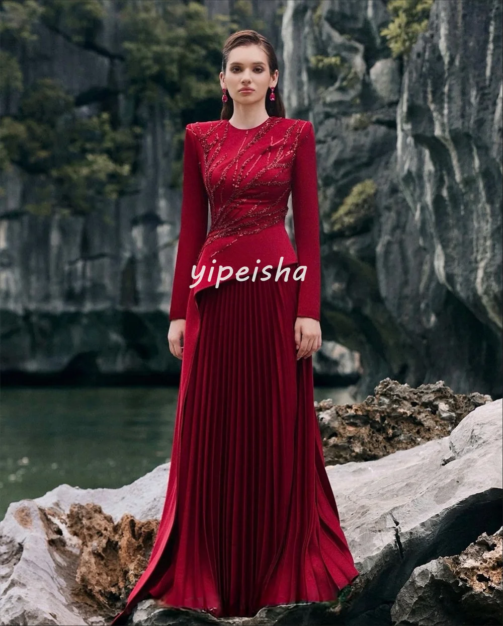 Customized Matching Intricate Jersey Beading Sequined Draped A-line Scoop Neck Long Dresses Bespoke Occasion Dresses Elegant image 2