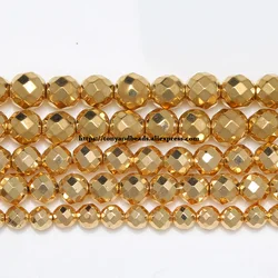 Faceted KC Gold Color Plated Natural Hematite Stone Beads 4 6 8 10 MM 15