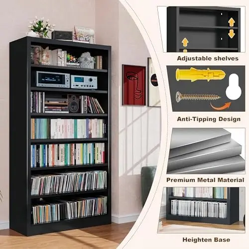 55" Media Storage Cabinet, Metal CD Storage Rack with 6 Adjustable Shelves, Large DVD Storage Shelf Rack for Living view 3